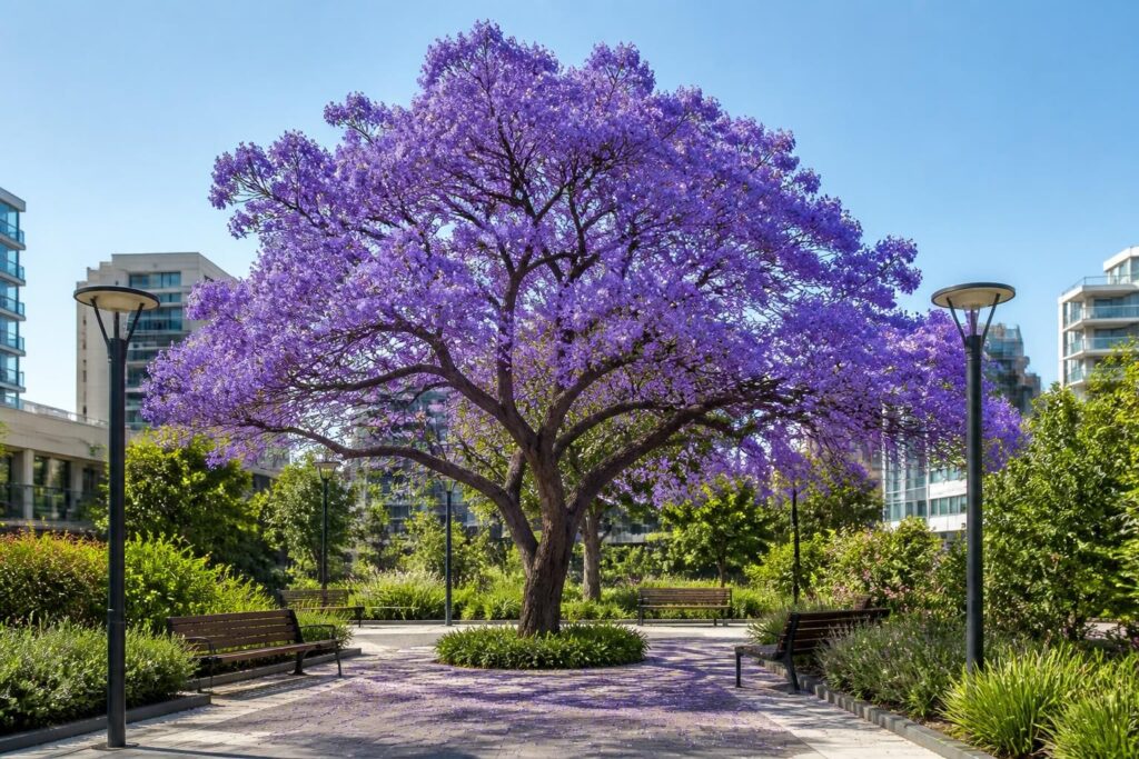 découvrez comment le jacaranda, avec ses magnifiques fleurs violettes, embellit et transforme les jardins urbains en véritables havres de nature et de couleur.
