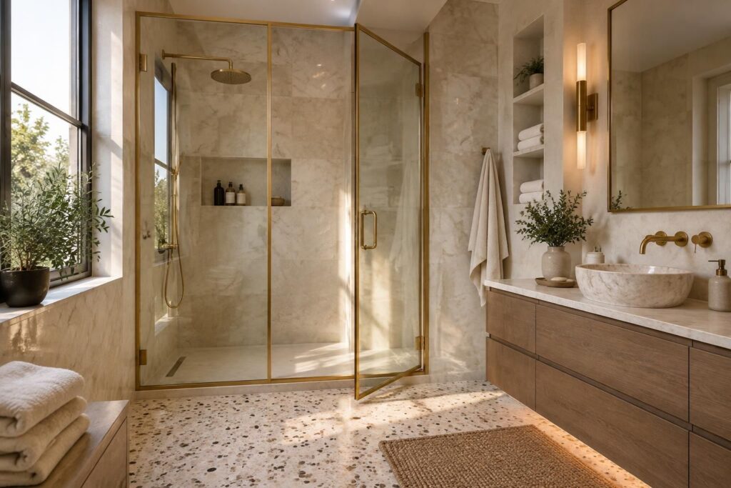 découvrez des idées déco pour intégrer une verrière dorée dans votre salle de bain ou votre douche et créer un espace lumineux, élégant et tendance.