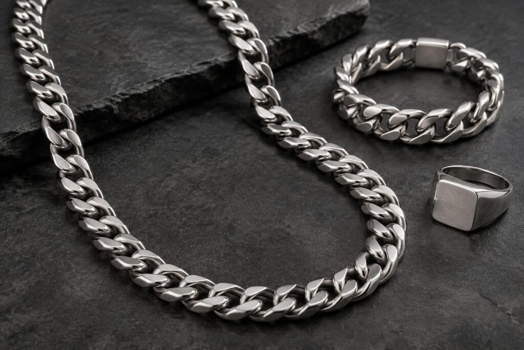 découvrez notre chaîne en argent pour homme à grosse maille, disponible en 60 cm, ainsi que ses accessoires assortis pour un style affirmé.