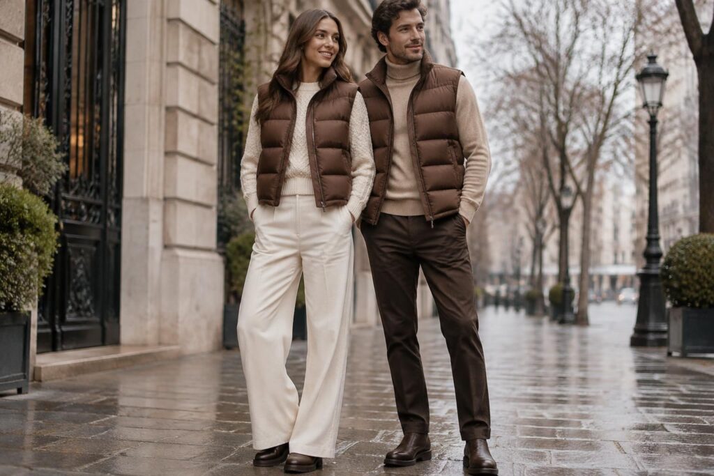 Doudoune sans manche marron : modèles femme et homme pour un hiver stylé
